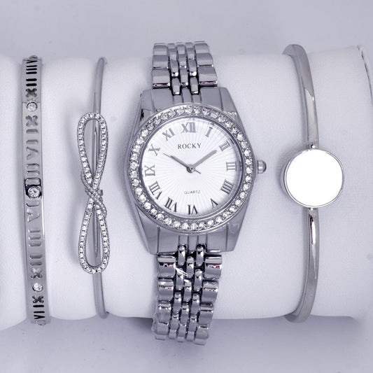 ساعة يد فضية اللون مرصعة بالكريستال مع طقم اساور - Nataly corner